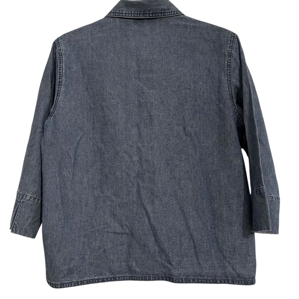 Lemon Grass Denim Shirt Jacket Floral Embroidery Red Plaid Front Panel Petite M - Picture 4 of 14